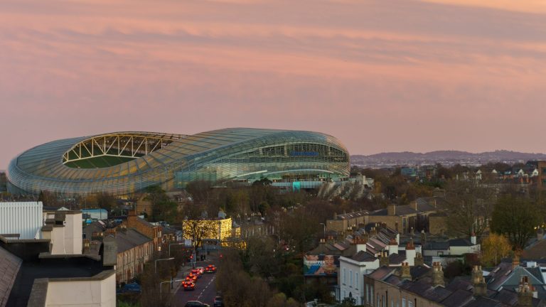 Aviva Stadium and the Dublin skyline at dusk