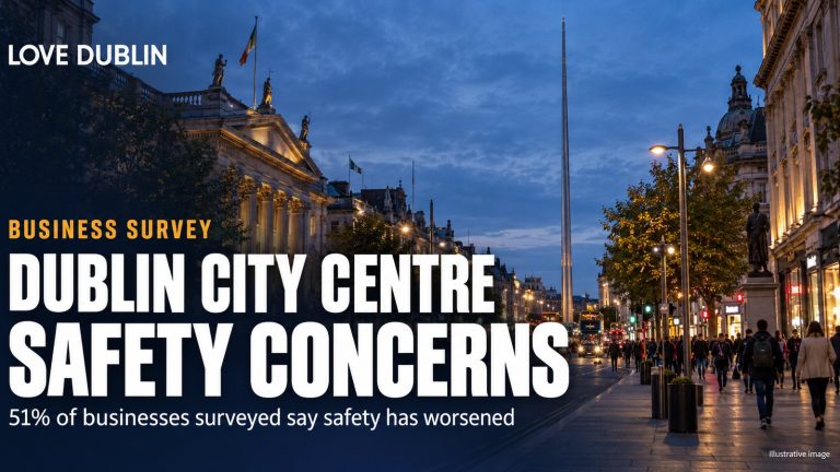 Dublin city centre safety concerns graphic over an evening view of O'Connell Street and the Spire (illustrative image)